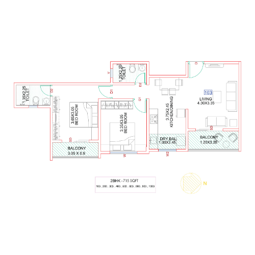 2 BHK 715 sq.ft Floor Plan