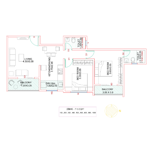 2 BHK 737 sq.ft Floor Plan