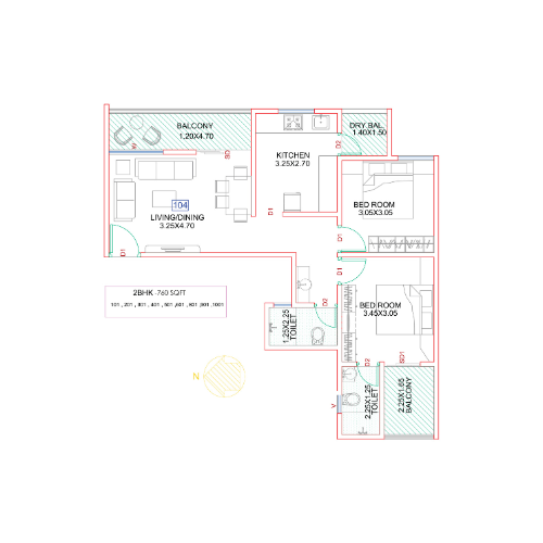 2 BHK 740 sq.ft Floor Plan